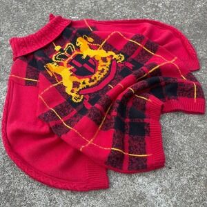 Vintage 90s Jantzen Knit AOP Sweater Red Plaid Crest Cotton Blend Medium b3